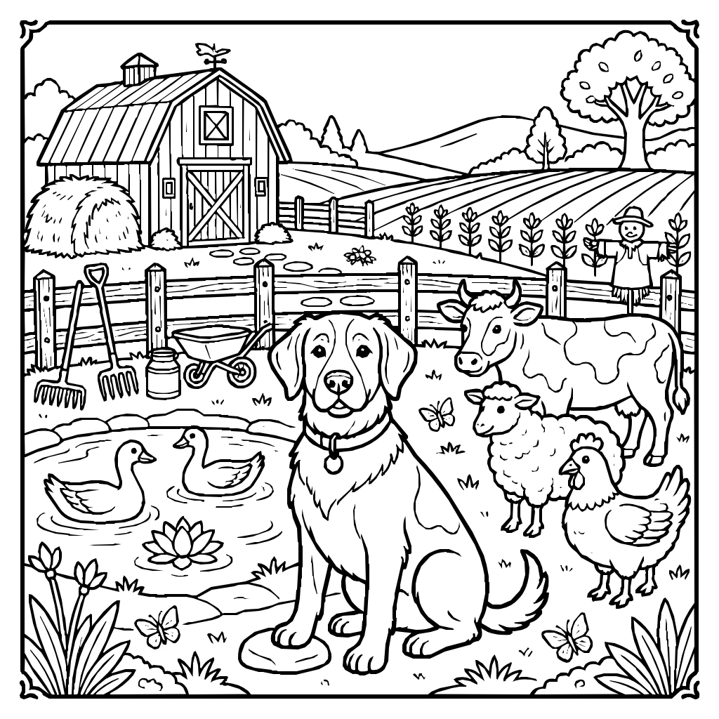 Farm Dog With Animals Coloring Page