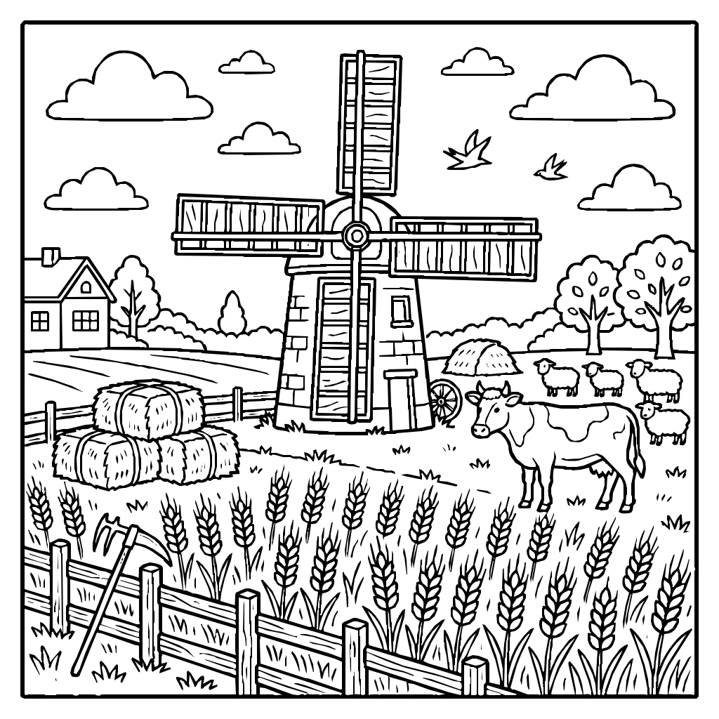 Farm Windmill Wheat Field Cotton Clouds Coloring Page