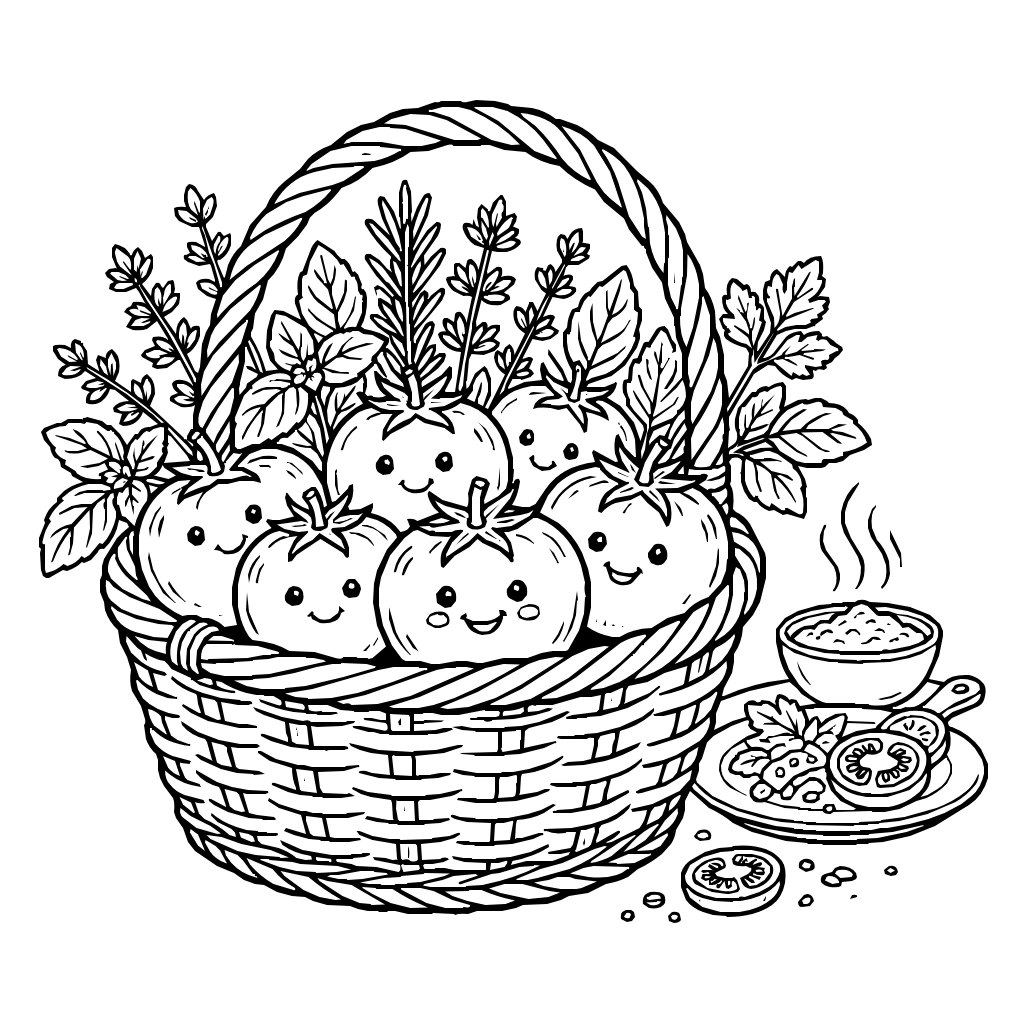 Farmers Market Basket Of Fresh Herbs And Tomatoes Coloring Page