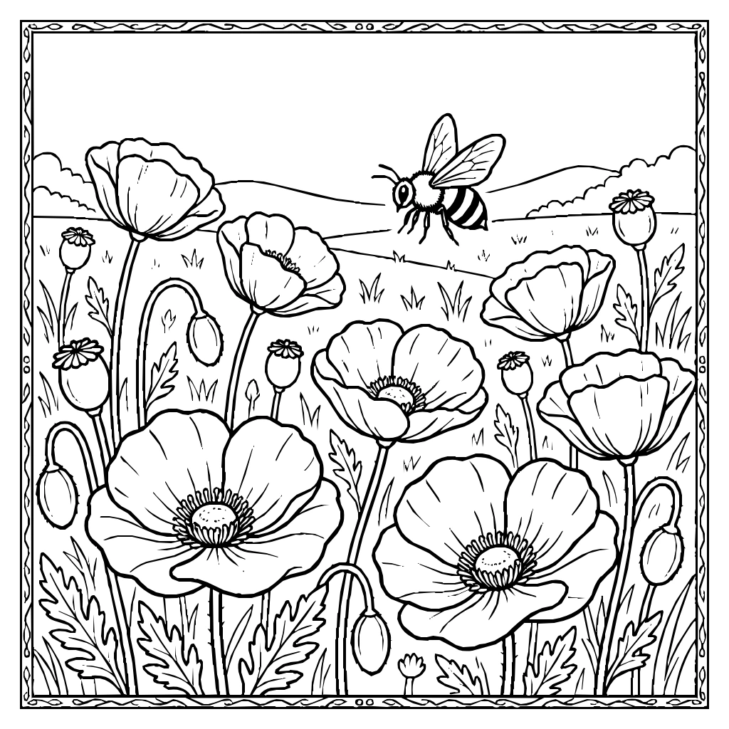 Field Of Wild Poppies Swaying With A Single Bee Coloring Page