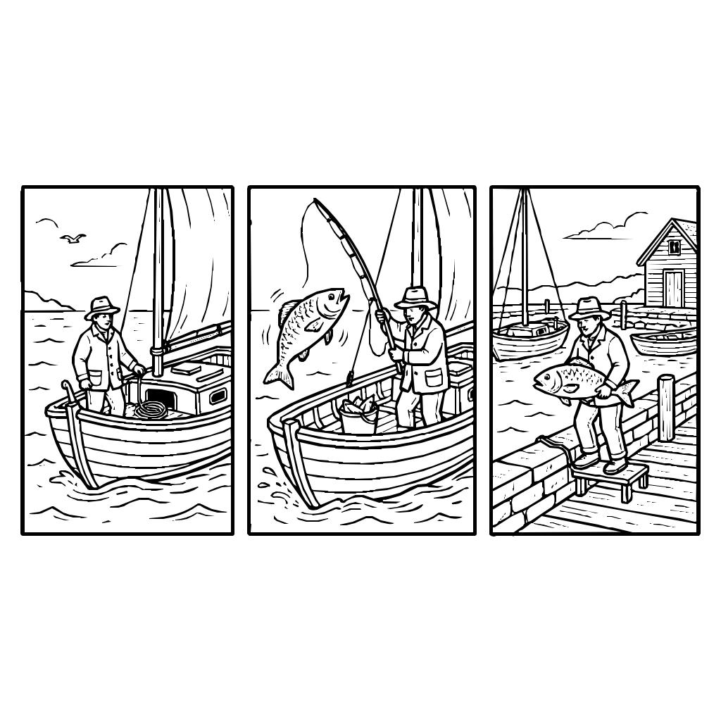 Fishing Time From Morning To Afternoon Coloring Page