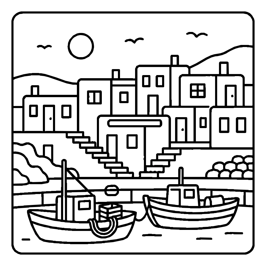 Fishing Village Coloring Page