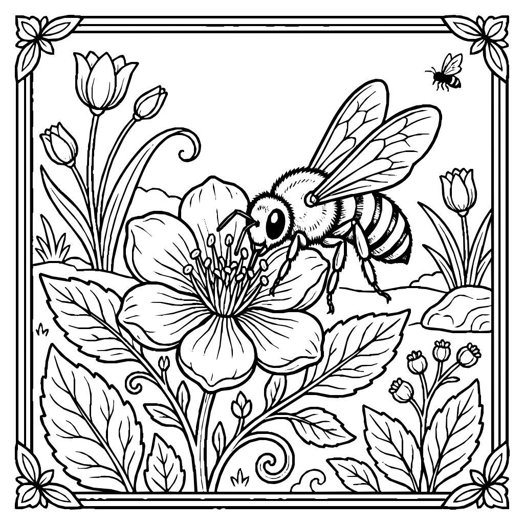Flower With Bee Coloring Page