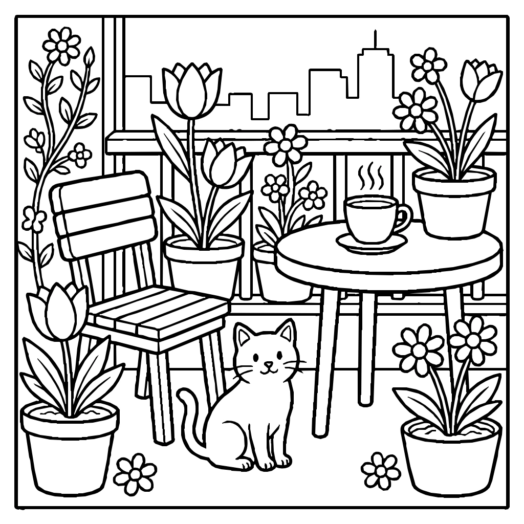 Flowering Balcony In Spring With A Cat And Morning Coffee Coloring Page