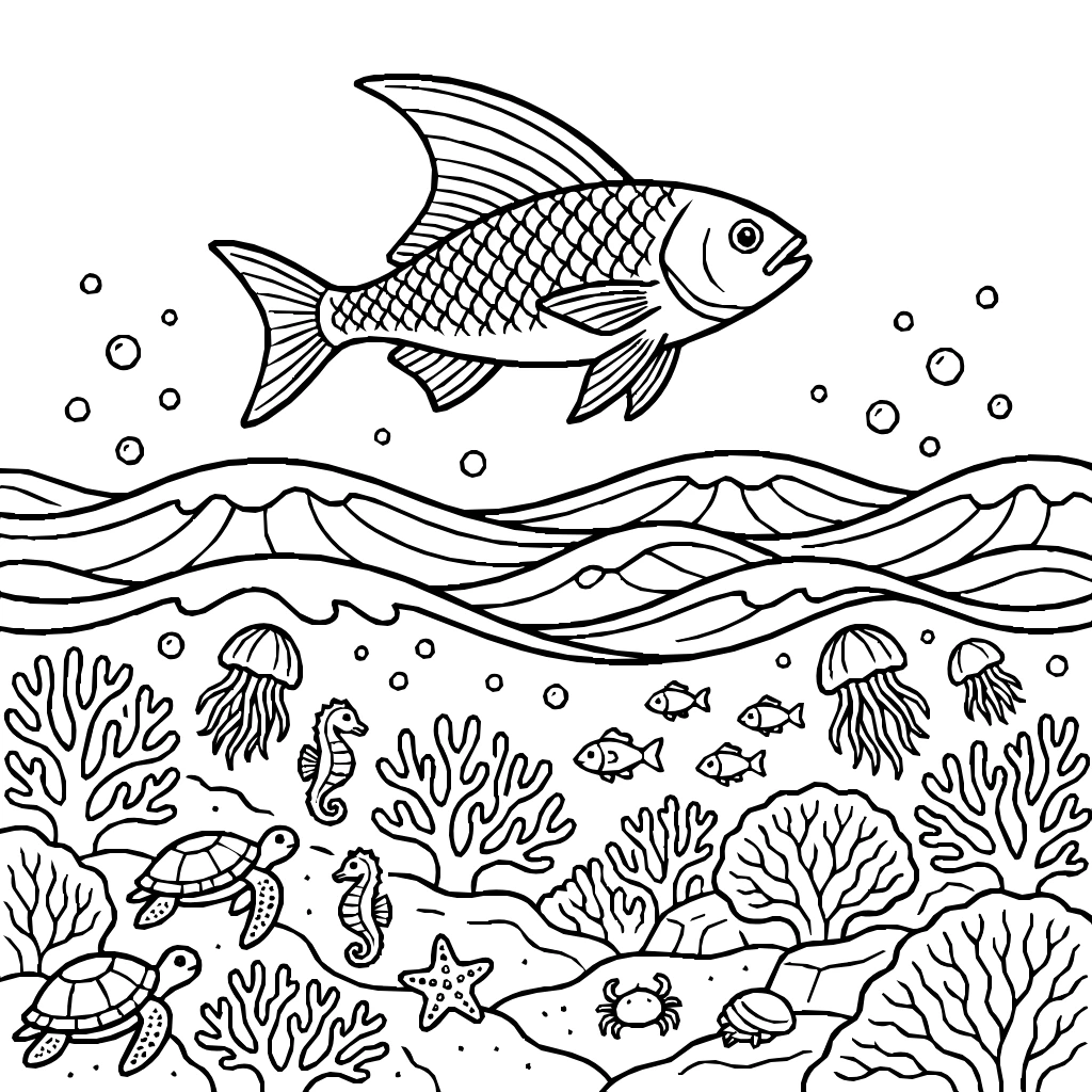 Flying Fish Leaping Over Gentle Waves At Sunrise Coloring Page