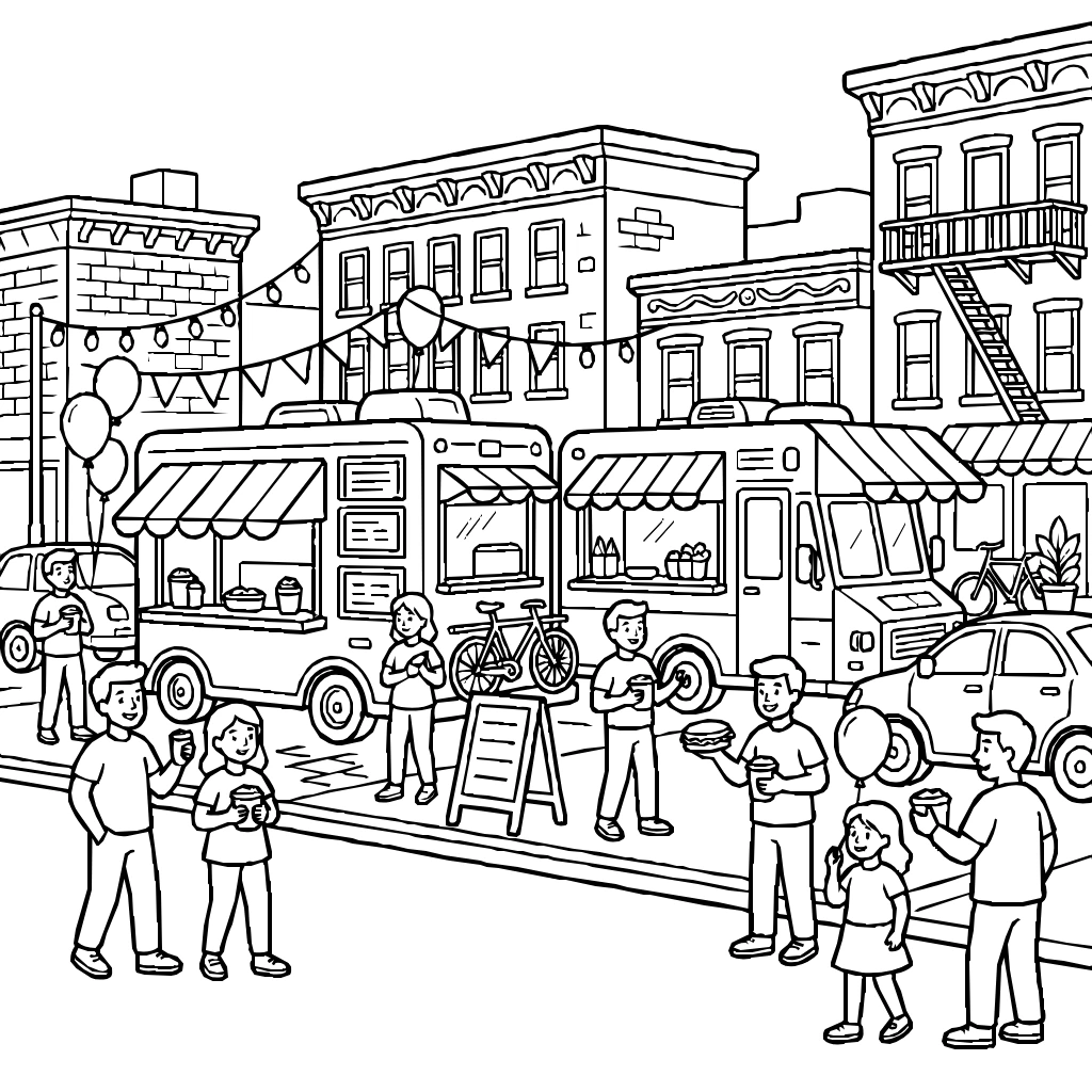 Food Truck With Crowds  Coloring Page