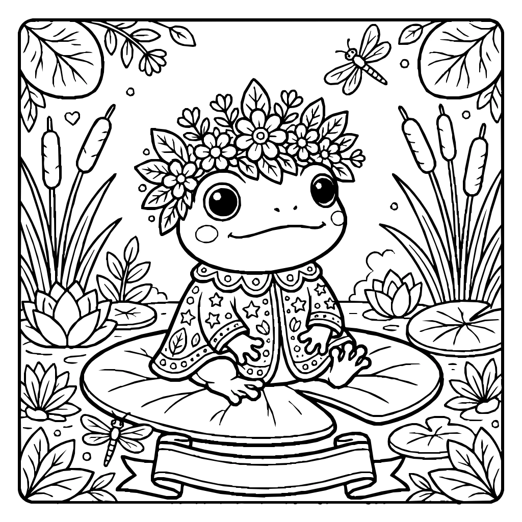 Frog Wearing A Crown Of Flowers Coloring Page