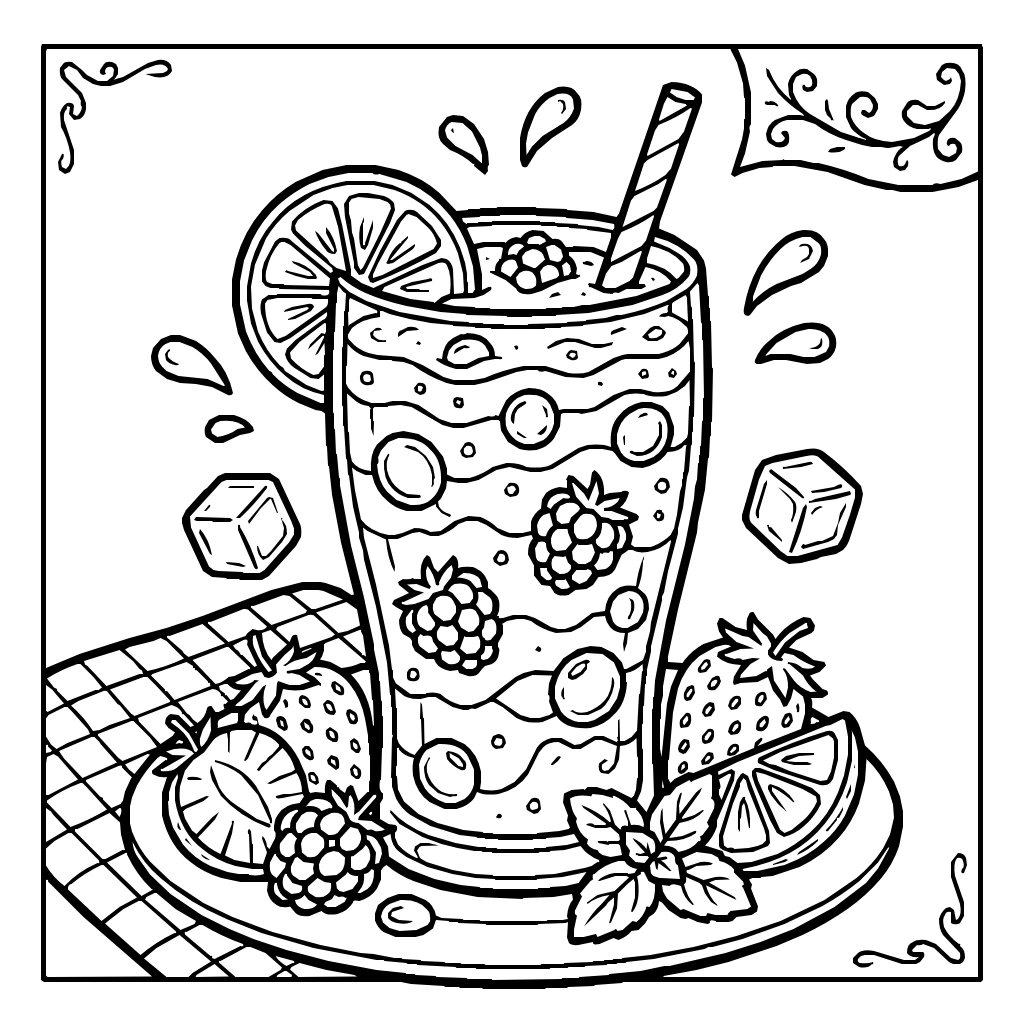 Fruit Smoothie With Berries Floating Coloring Page