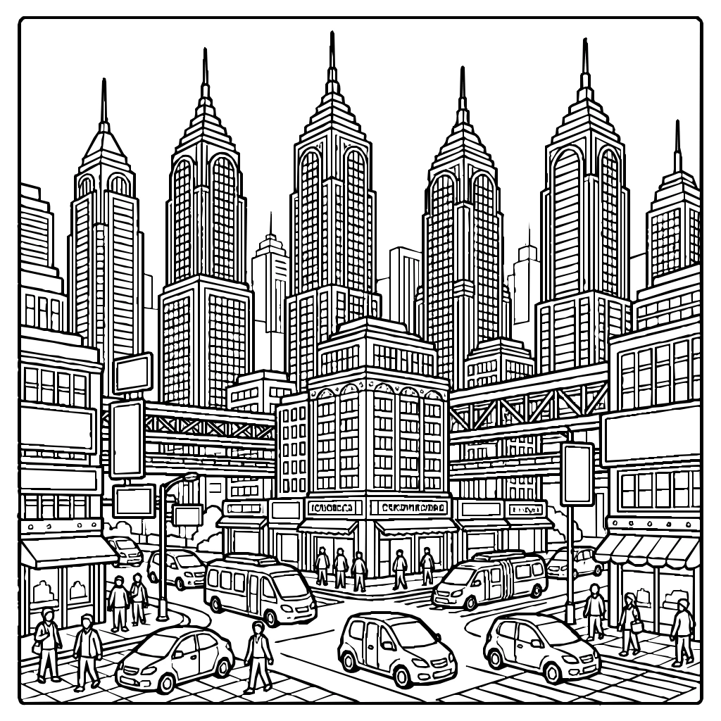 Futuristic Metropolis With Skyscrapers And Neon Lights Coloring Page