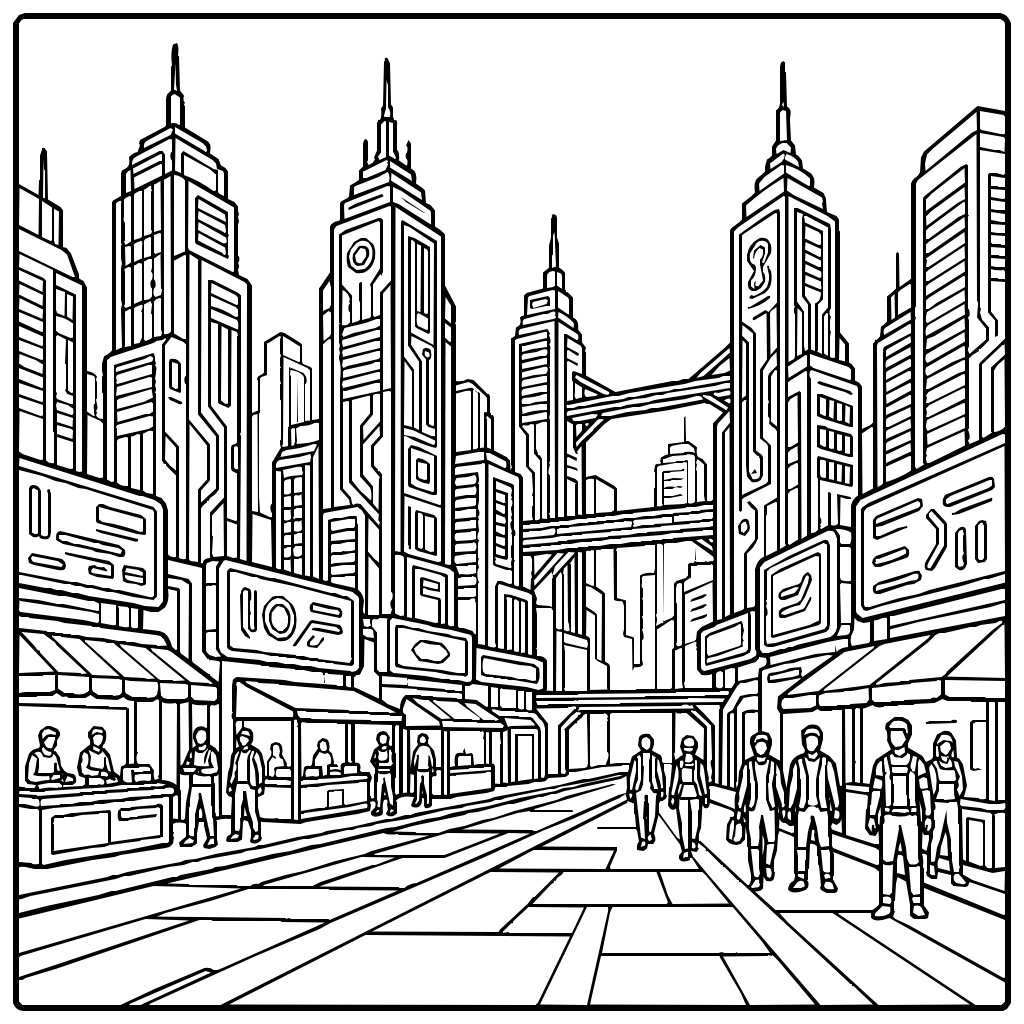 Futuristic Neon City Coloring Page