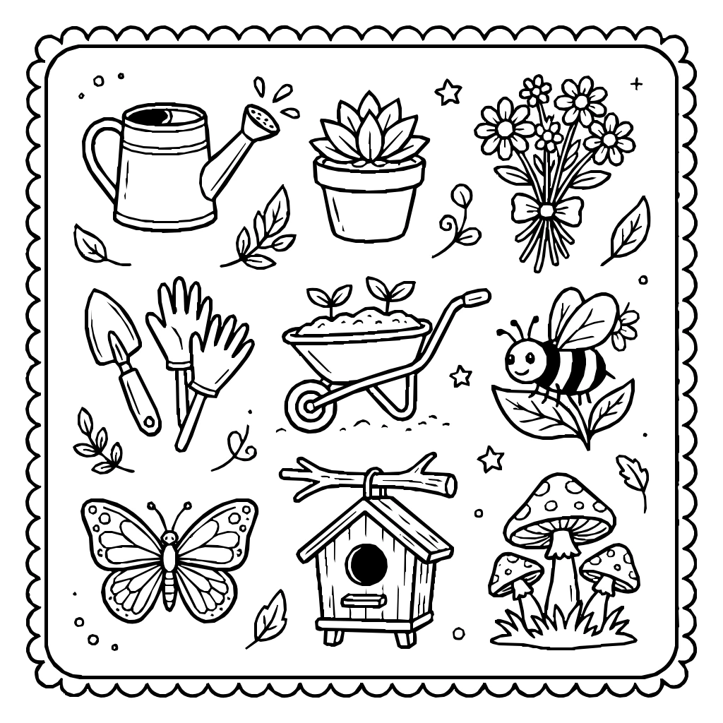 Garden Flowers And Plants Set Coloring Page