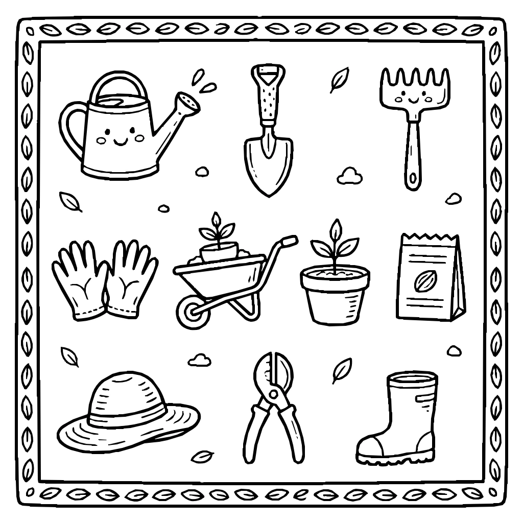 Gardening Tools Set Coloring Page