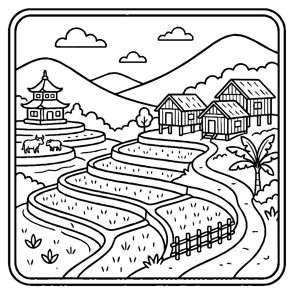 Hill Village With Terraced Rice Paddies Coloring Page