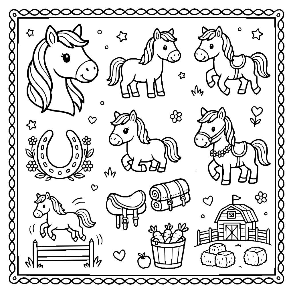 Horses And Objects Collection Coloring Page