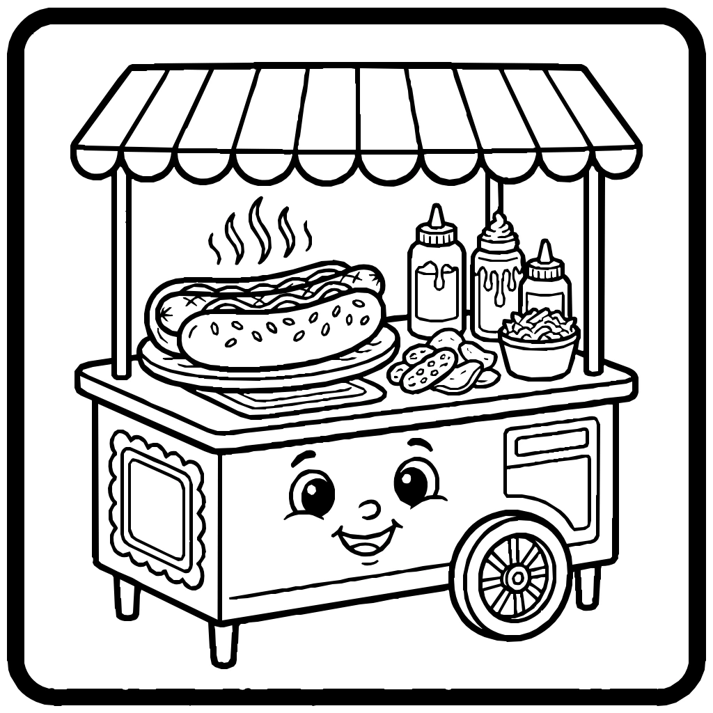 Hot Dog Stand Cart With Mustard Ketchup Coloring Page
