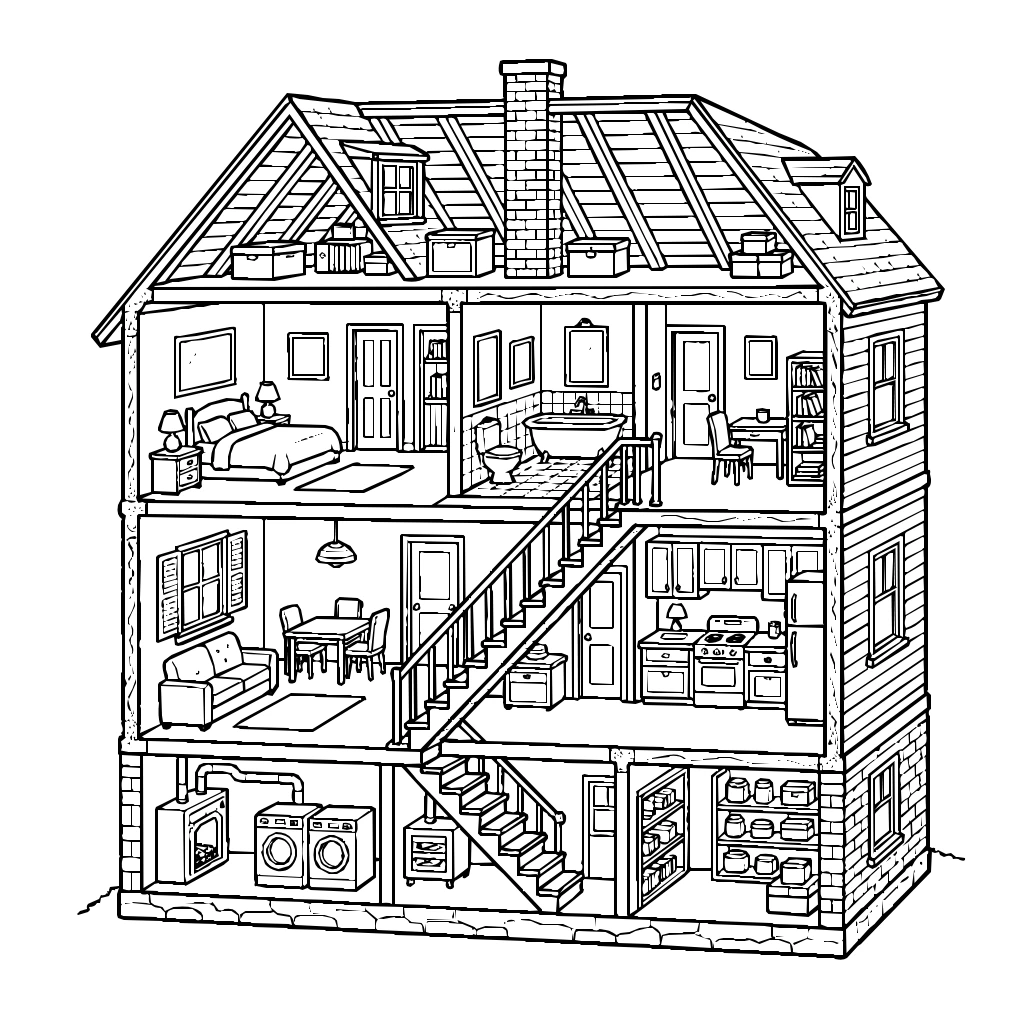 House View With Every Room From Attic To Basement Coloring Page