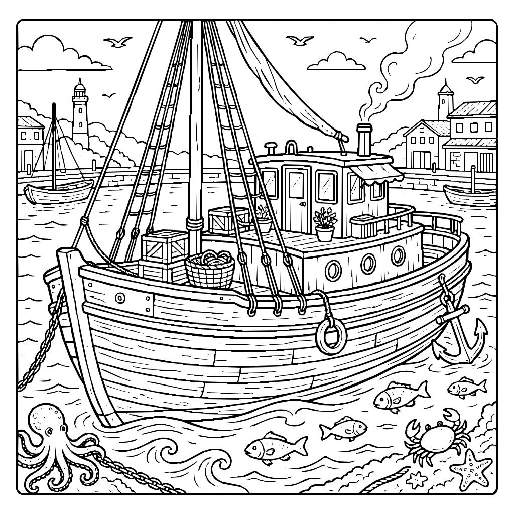 Houseboat Barge In A Port Coloring Page