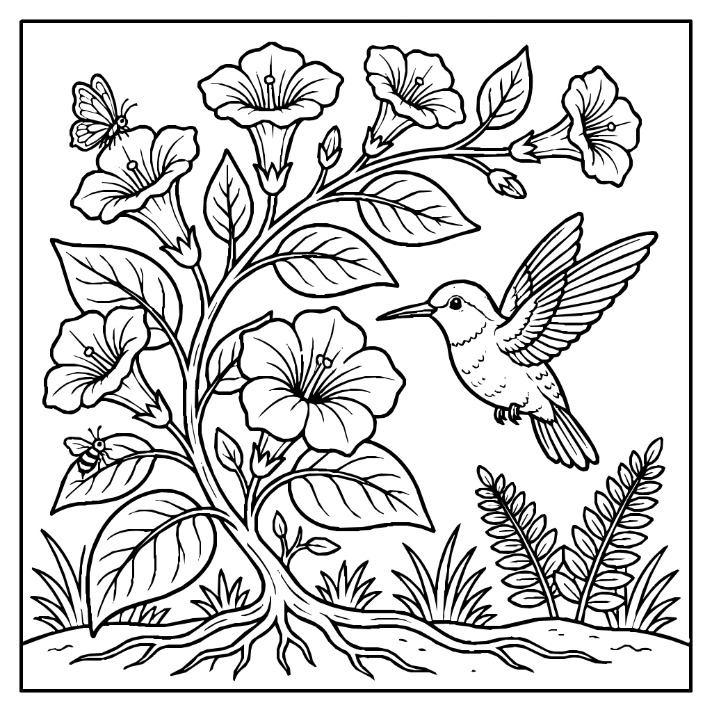 Hummingbird Hovering Beside A Trumpet Flower Vine  Coloring Page