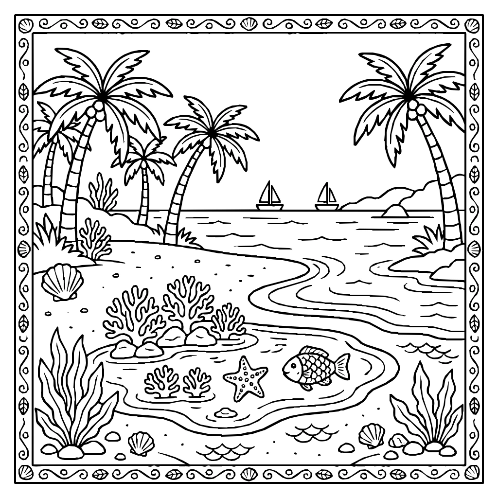 Island Palm Trees Beach Coloring Page
