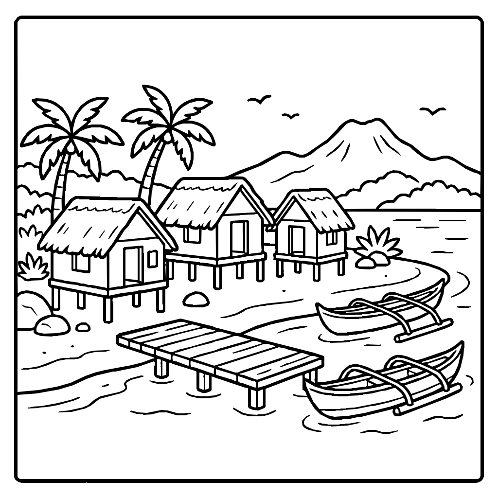 Island Village With Canoes Coloring Page