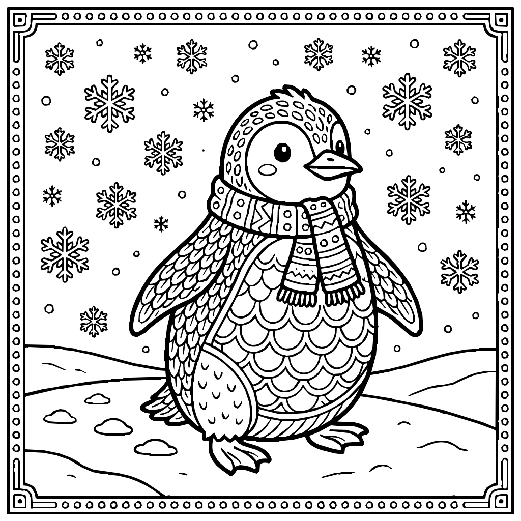 Kawaii Chubby Penguin Snowflakes Waddling Coloring Page