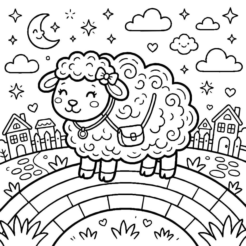 Kawaii Cloud Shaped Sheep Grazing On A Rainbow Hill  Coloring Page