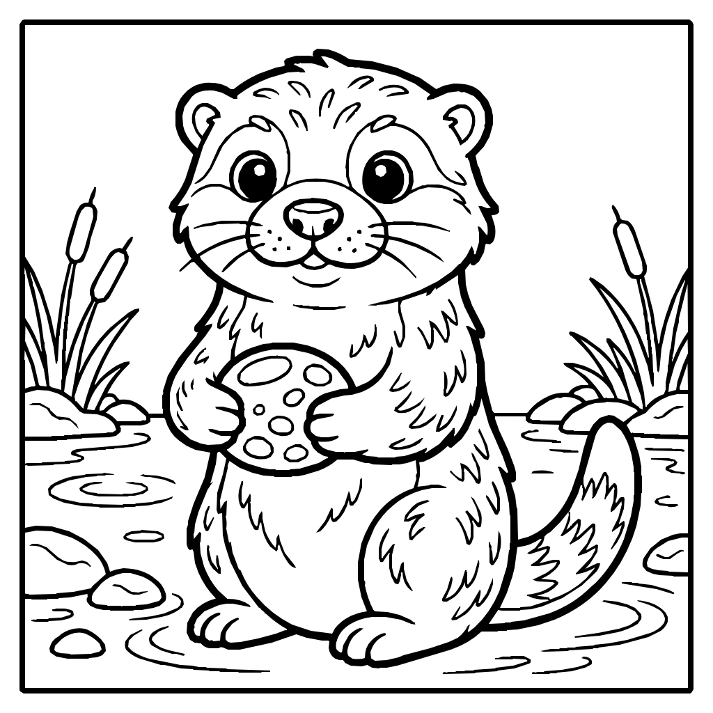 Kawaii Cute Otter Holding River Stone Coloring Page