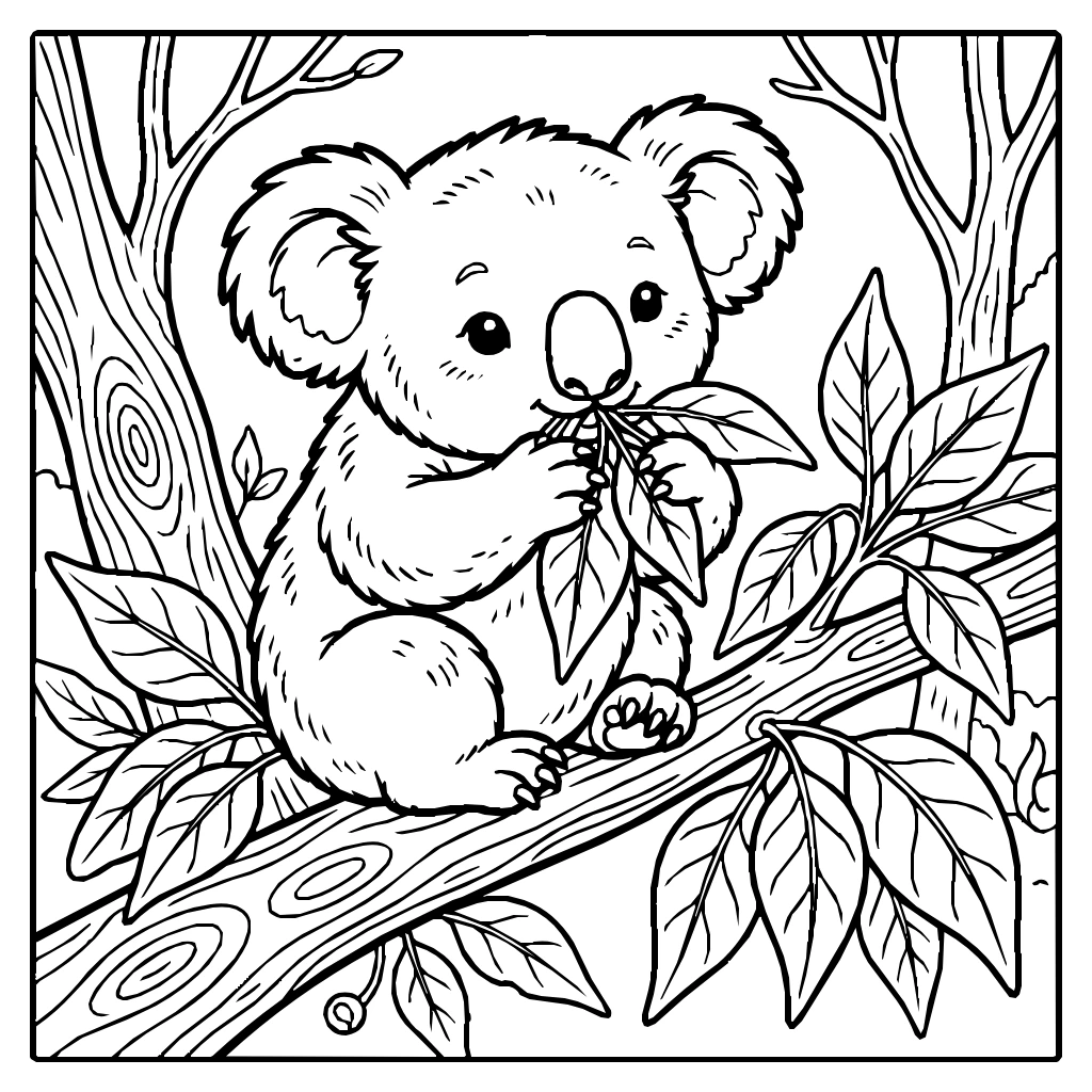 Kawaii Koala Munching Gum Leaves Coloring Page