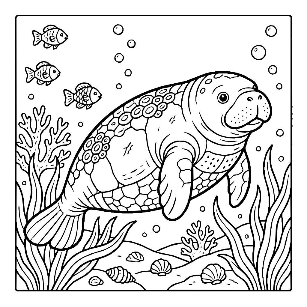 Kawaii Manatee Floating Water Coloring Page