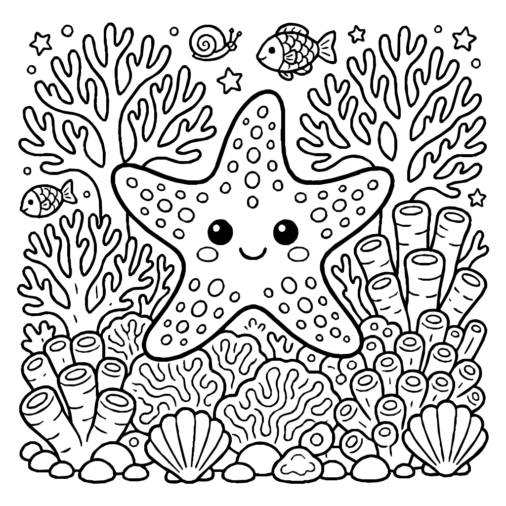 Kawaii Sea Star Waving Coral Garden Coloring Page