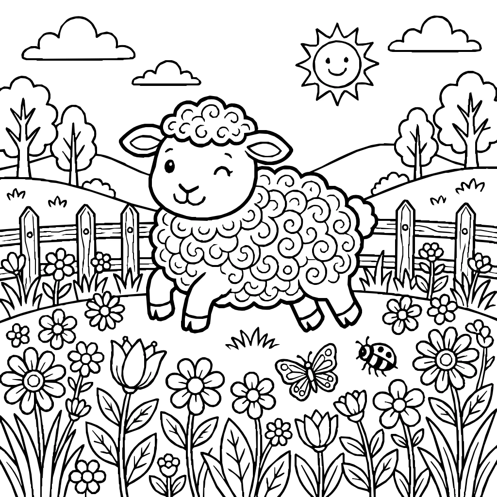 Kawaii Sheep Bouncing Flower Field Coloring Page