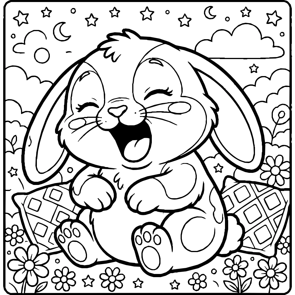 Kawaii Sleepy Bunny Yawning Floppy Ears Coloring Page