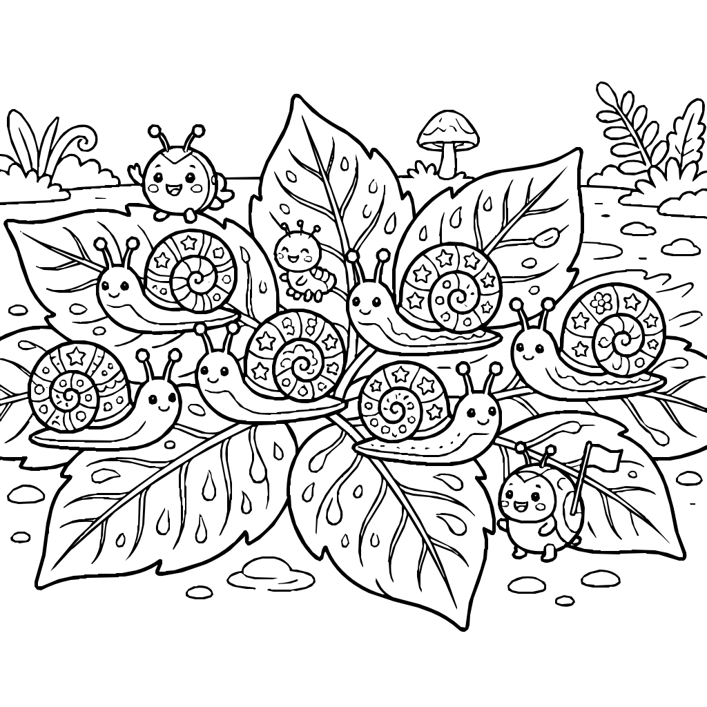 Kawaii Snail Race Friends Wet Leaves Coloring Page