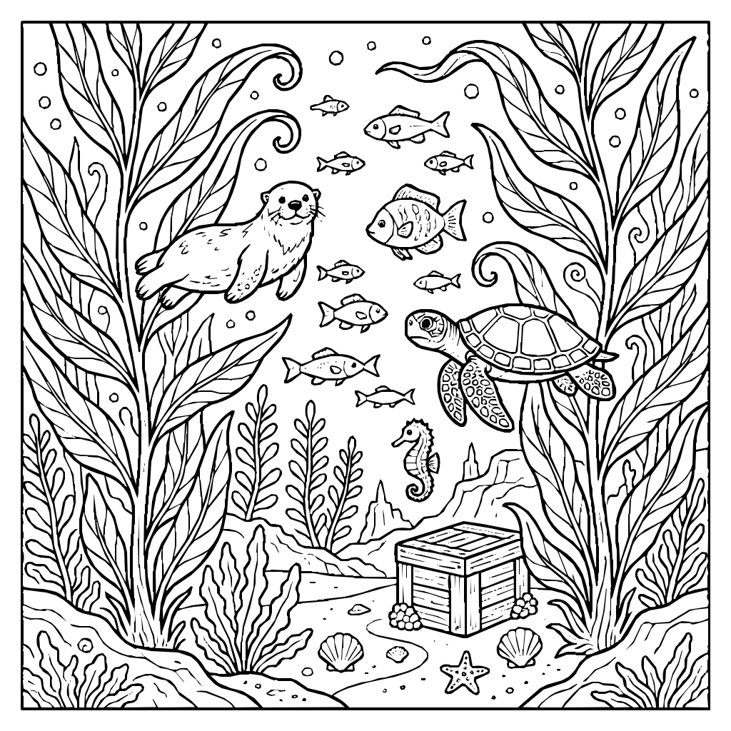 Kelp Forest Swaying Sea Creatures Coloring Page
