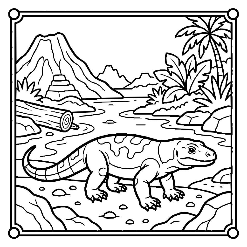 Komodo Dragon Walking Along A Jungle Coloring Page