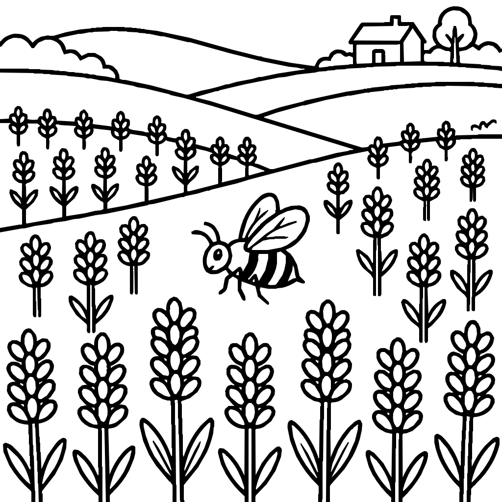 Lavender Field With A Bee Coloring Page