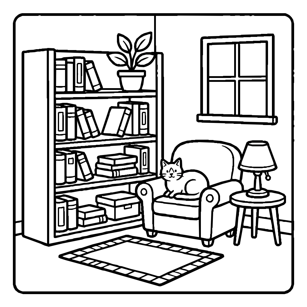 Library In A Living Room With A Cat Coloring Page