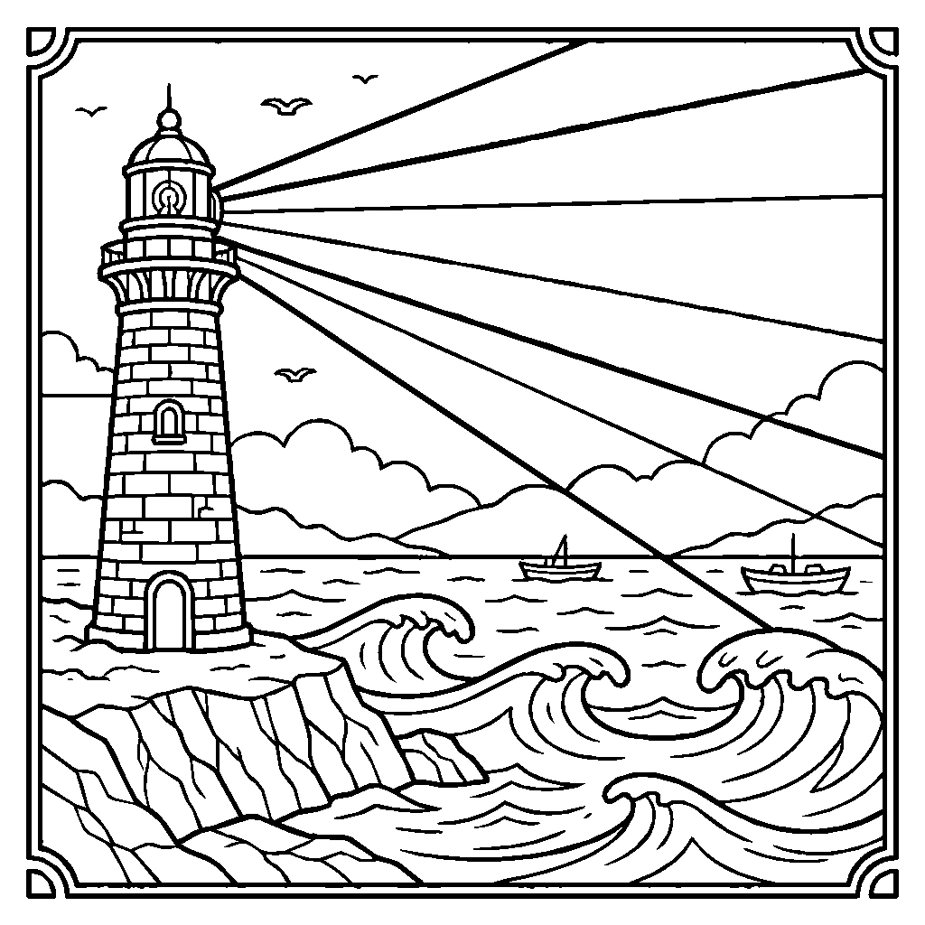 Lighthouse Beam Over A Rocky Night Sea Coloring Page