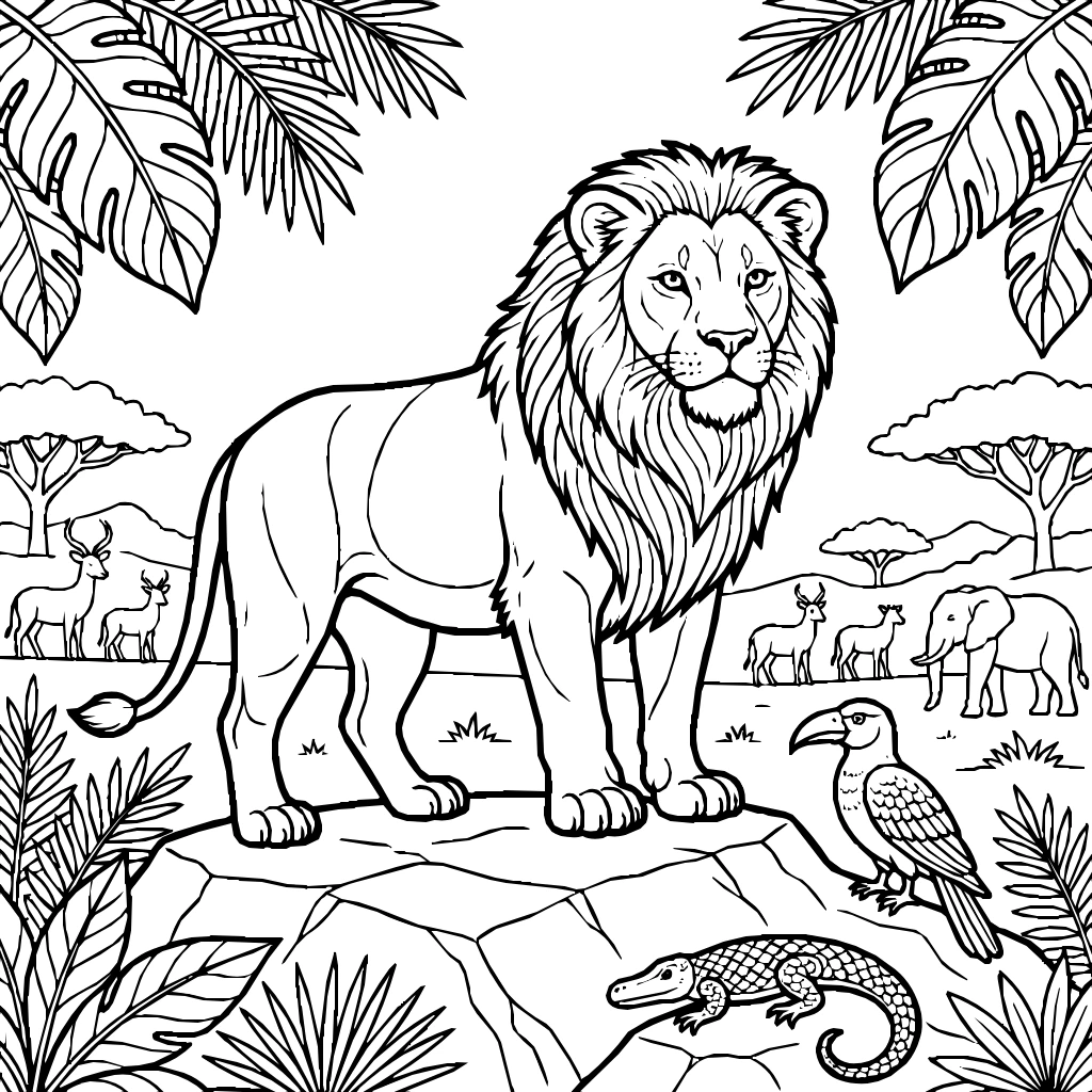 Lion On A Rock Overlooking The Savannah Coloring Page