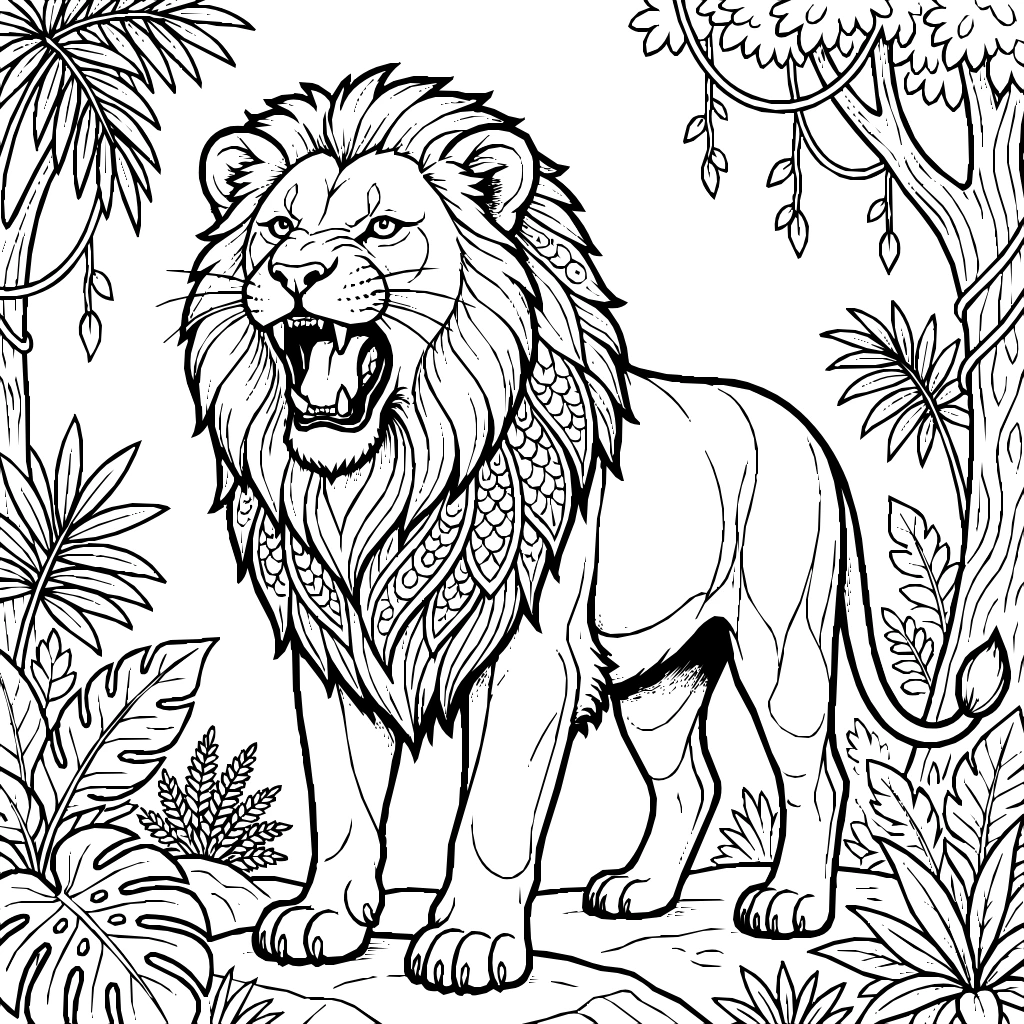 Lion Roar Majesty Power In The Jungle Coloring Page