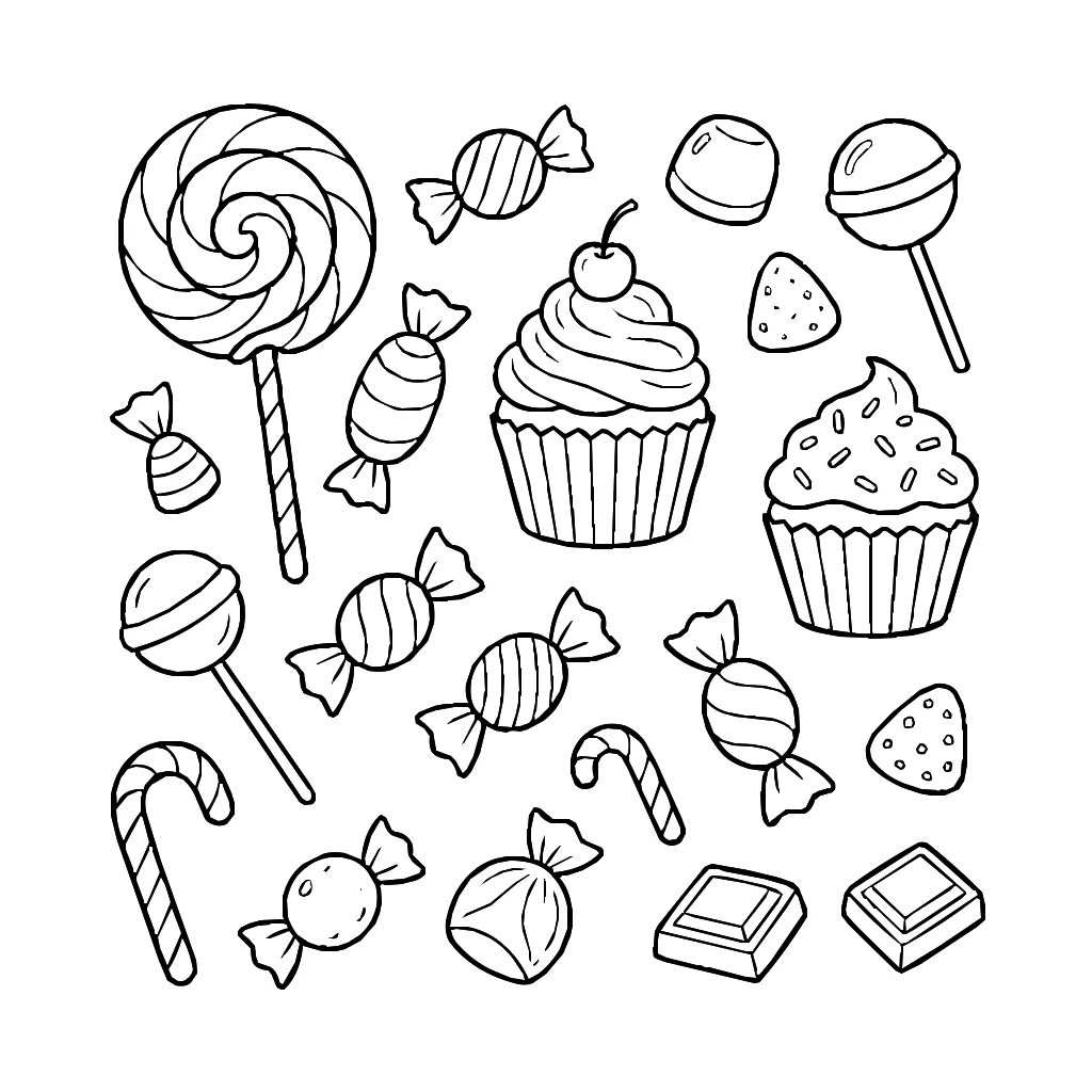 Lollipops And Cupcakes Coloring Page