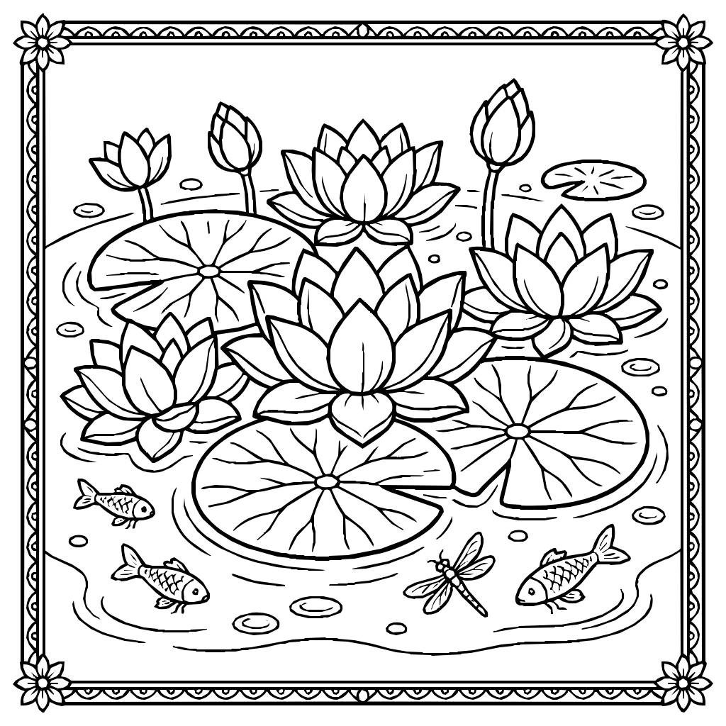 Lotus Flowers Floating On Pond Coloring Page