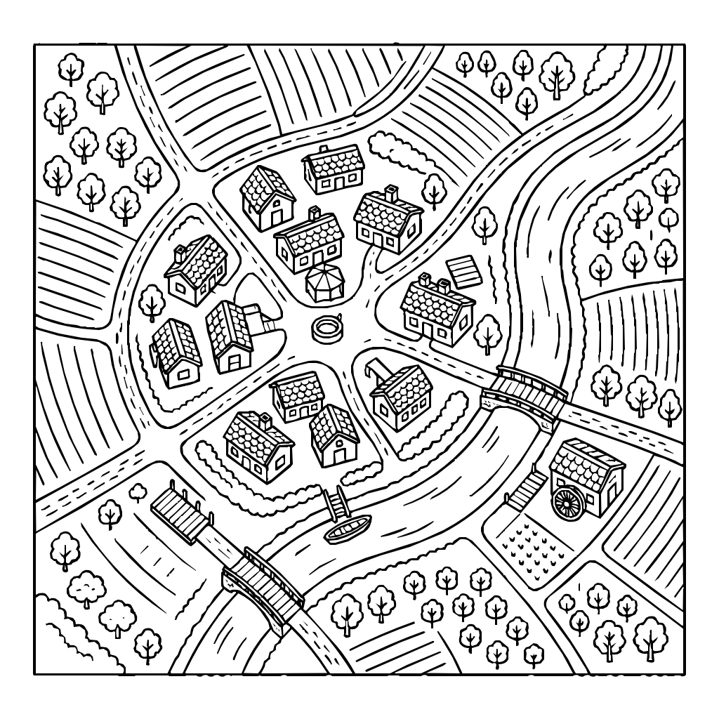 Map Of A Fantasy Village With Houses Paths And A River Coloring Page