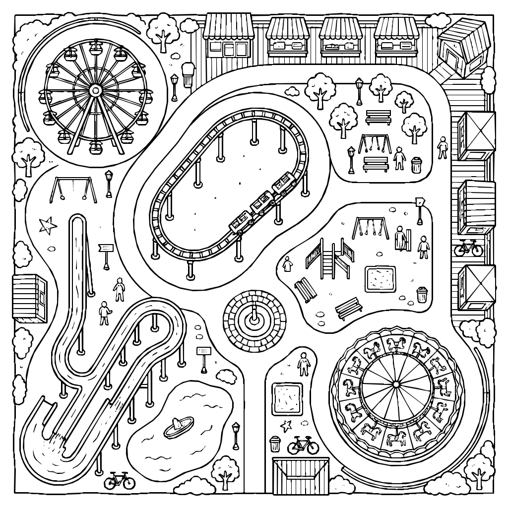 Map Of A Theme Park With Rides And Food Stalls Coloring Page