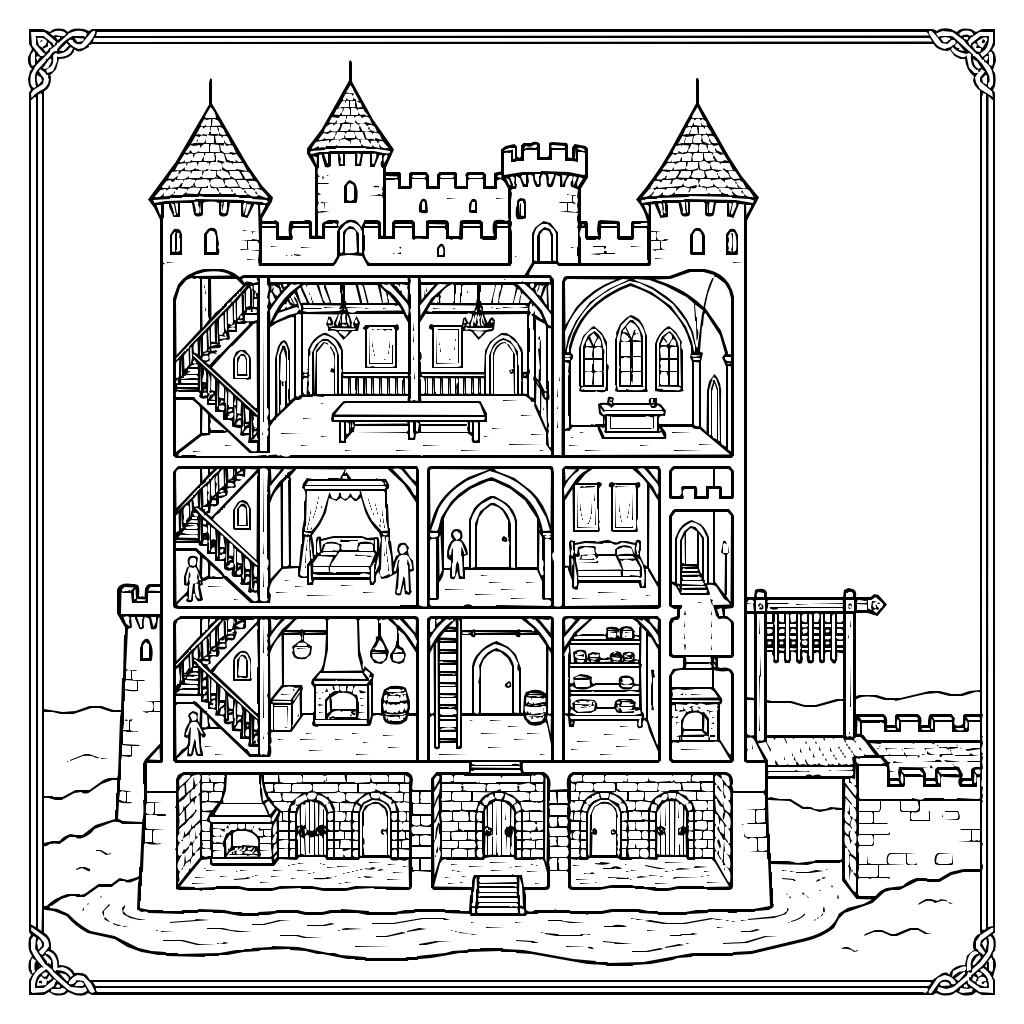 Medieval Castle With Towers Halls Dungeon Coloring Page
