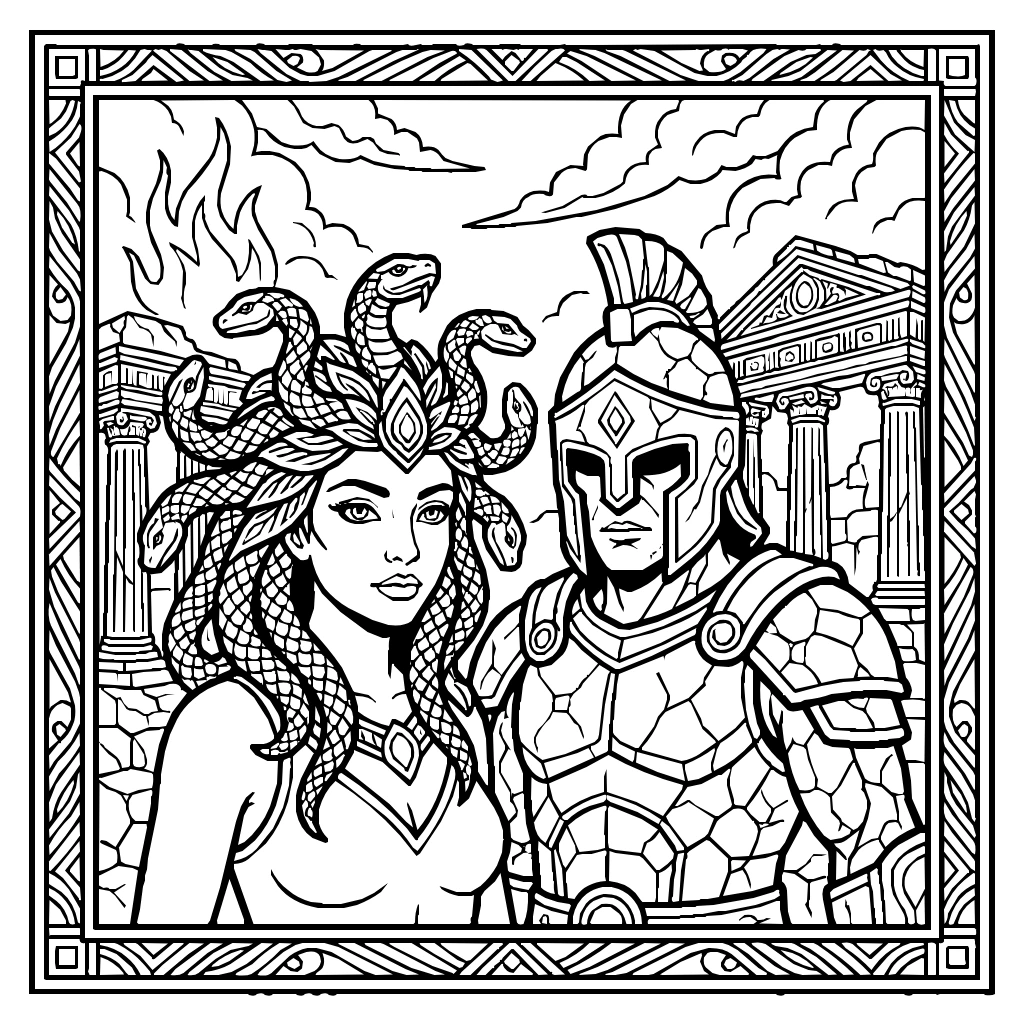 Medusa Turning A Warrior To Stone Coloring Page