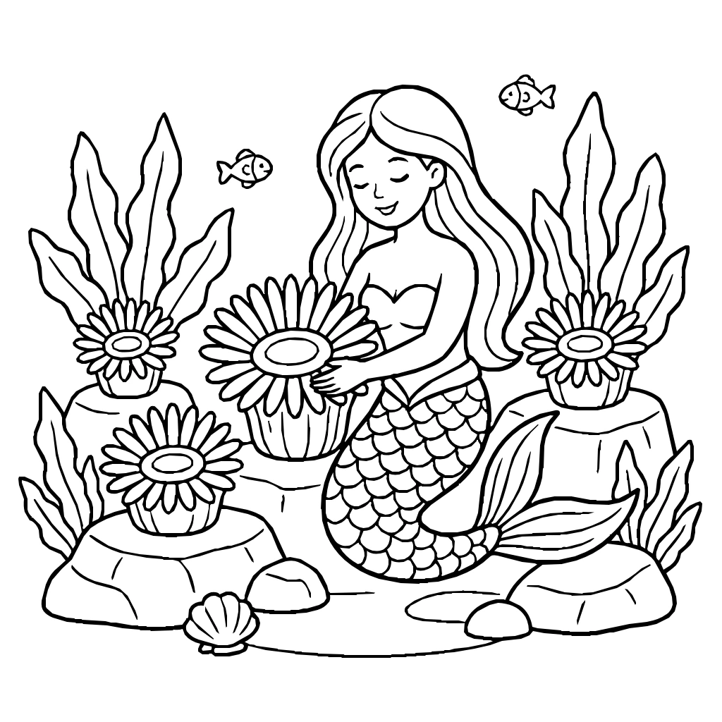 Mermaid Garden With Sea Anemones Coloring Page