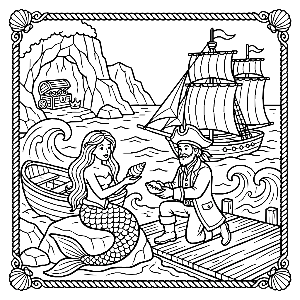 Mermaid Trading Shells With A Pirate Coloring Page