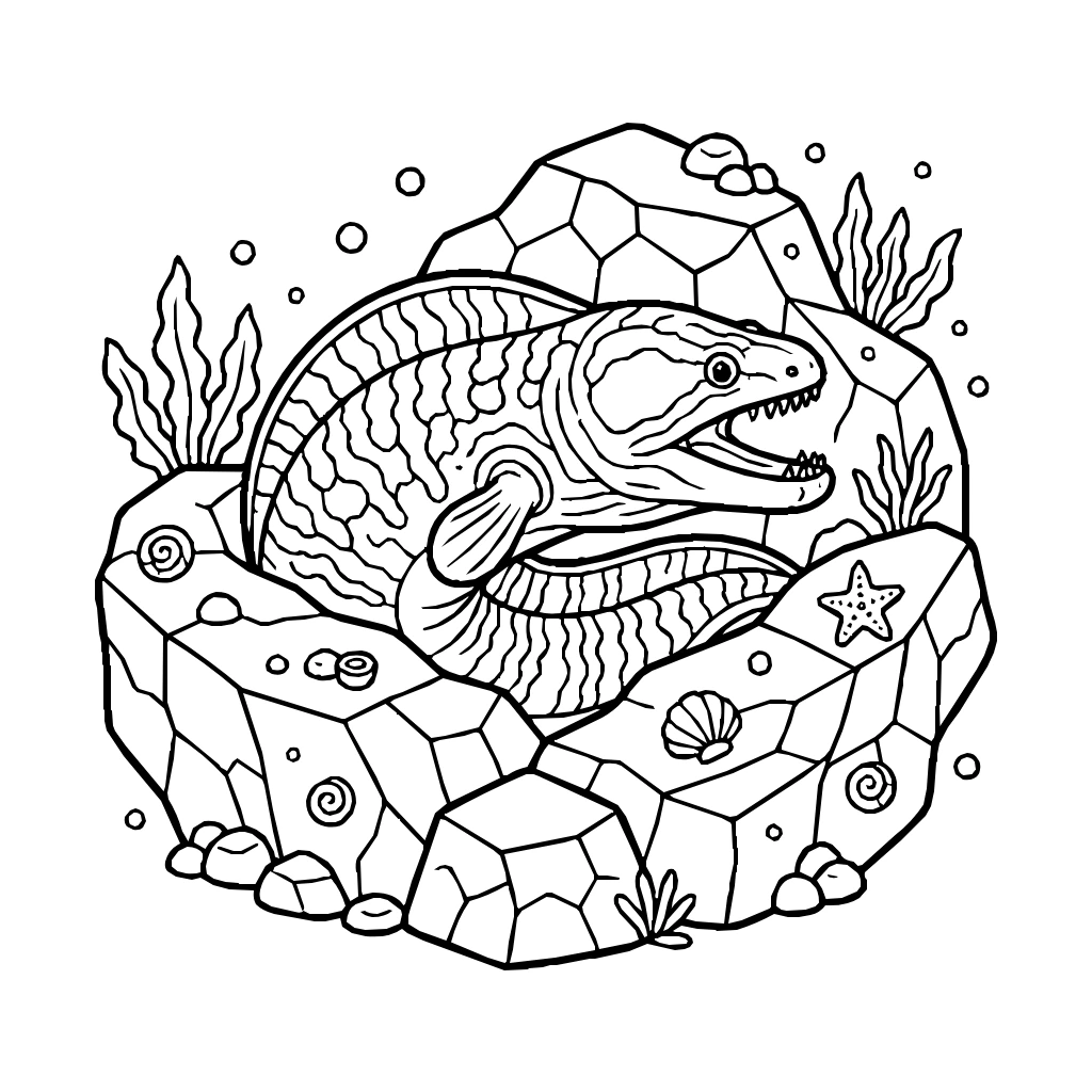 Moray Eel Peeking From Rocky Crevice Coloring Page