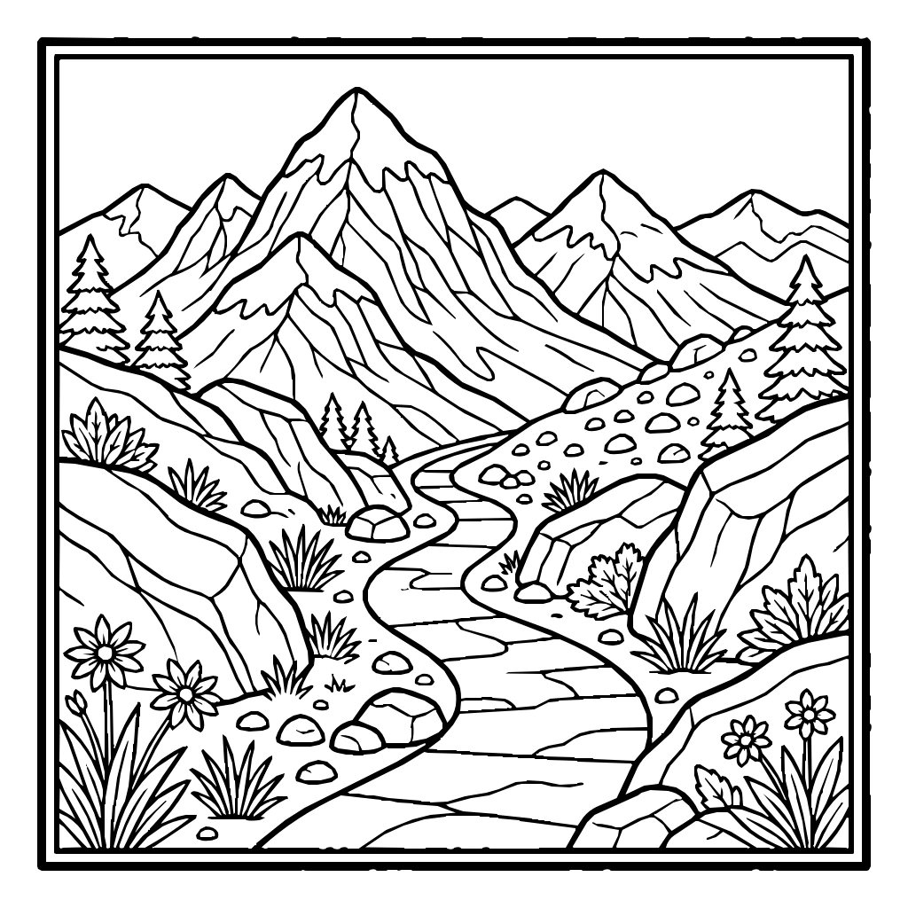Mountain Trail Wild Landscape Coloring Page